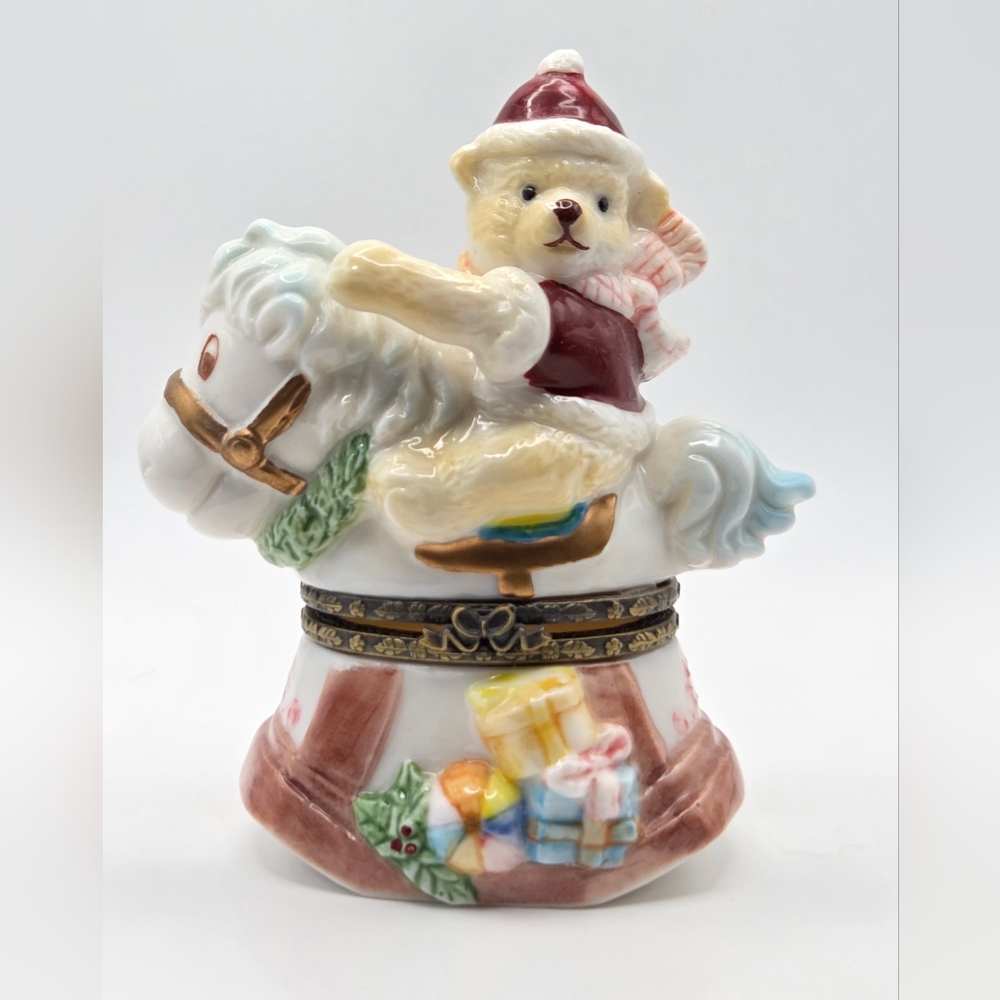 Herco My Hinged Box Collection Christmas Bear On Rocking Horse Trinket Box
